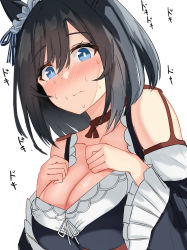 Rule 34 | 1girl, animal ears, black hair, blue eyes, blush, breasts, brown choker, choker, cleavage, eishin flash (umamusume), embarrassed, frills, hair ornament, hair scrunchie, hands on own chest, highres, horse ears, horse girl, karo-chan, large breasts, nervous, nose blush, scrunchie, short hair, simple background, solo, sweat, umamusume, upper body, wavy mouth