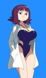 Rule 34 | 1girl, blue background, blush, breasts, brown eyes, cleavage, creatures (company), curvy, game freak, hands on own hips, highres, lab coat, large breasts, looking at viewer, nintendo, one-piece swimsuit, philena ivy, pokemon, pokemon (anime), pokemon (classic anime), purple hair, shiny skin, simple background, smile, solo, strapless, strapless one-piece swimsuit, swimsuit, wide hips, yuta agc
