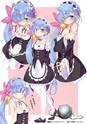 Rule 34 | 10s, 1girl, 3:, :&lt;, :o, absurdres, akebono (kancolle), alternate eye color, alternate hair color, ball and chain (weapon), bell, blue eyes, blue hair, blush, breasts, cosplay, detached sleeves, downblouse, dress, flail, flat chest, flower, hair bell, hair flower, hair ornament, hair over one eye, hairclip, hamaken. (novelize), highres, jingle bell, kantai collection, long hair, looking at viewer, maid, mary janes, morning star, multiple views, no nipples, oversized clothes, pantyhose, re:zero kara hajimeru isekai seikatsu, rem (re:zero), rem (re:zero) (cosplay), ribbon, shoes, side ponytail, spike ball, spiked ball and chain, translated, very long hair, weapon, white pantyhose, x hair ornament