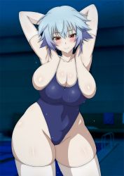 Rule 34 | 1girl, absurdres, alternate breast size, arm up, armpits, arms behind head, arms up, blue hair, blue one-piece swimsuit, blush, breasts, cleavage, covered navel, curvy, half-closed eyes, highres, huge breasts, indoors, infinite stratos, looking at viewer, messy hair, new school swimsuit, one-piece swimsuit, plump, pool, presenting armpit, red eyes, sarashiki tatenashi, school swimsuit, shiny skin, short hair, skindentation, smile, solo, space gorilla, standing, sweat, swimsuit, thighhighs, thighs, white thighhighs