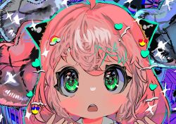 Rule 34 | 1girl, absurdres, anya (spy x family), balloon, blush, blush stickers, child, green eyes, hair ornament, hairpods, heart, heart balloon, highres, looking at viewer, momae makku, open mouth, pink hair, portrait, solo, sparkle, spy x family
