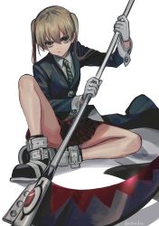 Rule 34 | 1girl, angry, belt, black footwear, brown hair, closed mouth, daenarys, gloves, green eyes, green necktie, grey background, grey gloves, hair between eyes, holding, holding scythe, holding weapon, long hair, looking at viewer, maka albarn, necktie, plaid, plaid skirt, red skirt, reverse grip, scythe, signature, simple background, sitting, skirt, solo, soul eater, striped necktie, twintails, weapon