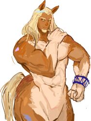 Rule 34 | 1boy, absurdres, animal ears, centaur, clenched hand, closed mouth, cloud meadow, colored skin, cowboy shot, facial hair, freckles, goatee, hand on own shoulder, highres, horse ears, hqzt22340256, looking to the side, male focus, monster boy, multicolored skin, muscular, muscular male, navel, simple background, solo, tail, taur, white background