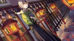 Rule 34 | 23ichiya, 2boys, architecture, bad id, bad pixiv id, blurry, book, depth of field, east asian architecture, fence, fire, ghost, green shirt, hakama, hakama skirt, holding, holding book, japanese clothes, lantern, long sleeves, male focus, multiple boys, night, open mouth, original, pale skin, perspective, petals, red eyes, shirt, silver hair, skirt, stone walkway, turtleneck, wooden lantern