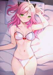 Rule 34 | 1girl, absurdres, ahoge, arm up, azur lane, bed, bra, breasts, cleavage, cowboy shot, from above, green eyes, highres, houston (azur lane), lingerie, looking at viewer, lying, medium breasts, on back, on bed, origami aya, panties, pillow, pink hair, solo, underwear, underwear only, white bra