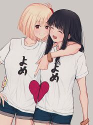 Rule 34 | 2girls, arm around neck, black hair, blonde hair, blue nails, blue shorts, blush, bob cut, bracelet, breasts, clenched teeth, closed eyes, clothes writing, commentary request, cowboy shot, dutch angle, futaba (rei-futaba), grey background, hair between eyes, hair ribbon, hand on another&#039;s waist, highres, inoue takina, jewelry, large breasts, long hair, looking at viewer, lycoris recoil, matching outfits, medium breasts, multiple girls, nail polish, nishikigi chisato, one side up, open mouth, pointing, red eyes, red ribbon, ribbon, shadow, shirt, short hair, short sleeves, shorts, sidelocks, simple background, smile, t-shirt, teeth, translated, white shirt, yellow nails, yuri