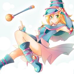 Rule 34 | 1girl, bare shoulders, blonde hair, blue footwear, blush stickers, boots, breasts, choker, cleavage, dark magician girl, detached sleeves, duel monster, green eyes, hat, headgear, hexagram, long hair, looking at viewer, simple background, smile, solo, staff, tarishite (appolite01), thighs, wizard hat, yu-gi-oh!
