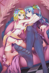 Rule 34 | 2girls, alternate costume, aqua eyes, areola slip, armchair, ass, assisted exposure, back, bad id, bare shoulders, black legwear, blonde hair, blue eyes, blue hair, blush, breasts, bridal garter, chair, checkered floor, chess piece, choker, closed mouth, clothes lift, cosplay, cross-laced clothes, crossed legs, crown, curtains, derivative work, dress, dress lift, dutch angle, artistic error, eyebrows, feet, flower, frills, garter straps, hair between eyes, hair flower, hair ornament, hairband, halterneck, hand on another&#039;s shoulder, hatsune miku, hitomilook, jewelry, kagamine rin, king (chess), kneeling, large breasts, leaning forward, light smile, long hair, long sleeves, looking at viewer, multiple girls, no game no life, no shoes, off shoulder, on chair, panties, panty pull, pink panties, school uniform, serafuku, shiro (no game no life), shiro (no game no life) (cosplay), short hair, side-tie panties, sideboob, sitting, smile, soles, stephanie dora, stephanie dora (cosplay), swept bangs, thighhighs, toes, underwear, undressing, very long hair, vocaloid, wrong foot, yuri