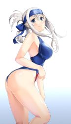 Rule 34 | &gt;:), 10s, 1girl, ass, bare arms, bare shoulders, blue background, blue eyes, blue headband, blue one-piece swimsuit, breasts, bright pupils, closed mouth, competition swimsuit, covered erect nipples, cowboy shot, folded ponytail, from side, gradient background, grey hair, hair between eyes, hair ribbon, hair rings, hassen (8cm), headband, highres, kaga (kancolle), kamoi (kancolle), kantai collection, kneepits, large breasts, leaning forward, long hair, looking at viewer, looking to the side, one-piece swimsuit, ribbon, sideboob, sidelocks, smile, solo, swimsuit, thick eyebrows, thighs, upper body, v-shaped eyebrows, white background