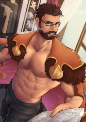 Rule 34 | 1boy, abs, absurdres, bara, bare pectorals, beard, black-framed eyewear, black pants, blue eyes, book, brown hair, bulge, chest hair, cigarette, coat, coat on shoulders, facial hair, from above, glasses, gyee, hair slicked back, highres, holding, holding book, indoors, ko shushu, large pectorals, looking at viewer, male focus, mature male, muscular, muscular male, navel, navel hair, nipples, pants, pectorals, short hair, smoking, solo, stomach, vundo (gyee)