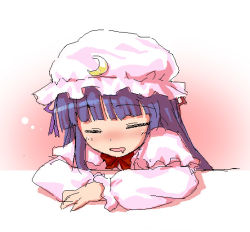 Rule 34 | 1girl, 47agdragon, arm support, blunt bangs, blush, crescent, crescent hat ornament, drooling, female focus, hat, hat ornament, long hair, oekaki, patchouli knowledge, purple hair, saliva, sleeping, solo, touhou, upper body