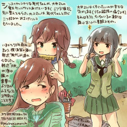 Rule 34 | 10s, 3girls, :d, bare shoulders, black hair, blush, braid, brown hair, comb, dated, green skirt, kantai collection, kirisawa juuzou, kitakami (kancolle), multiple girls, noshiro (kancolle), numbered, ooi (kancolle), open mouth, pleated skirt, school uniform, scissors, serafuku, short sleeves, skirt, sleeveless, smile, sparkle, twin braids, twitter username