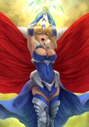Rule 34 | 1girl, aqua eyes, armor, armpits, arms up, artoria pendragon (fate), artoria pendragon (lancer) (fate), blonde hair, blue gloves, blue thighhighs, breasts, cape, cleavage, covered navel, crown, dress, fate/grand order, fate (series), fur trim, gloves, greaves, hair between eyes, highres, holding, holding lance, holding polearm, holding weapon, lance, large breasts, looking at viewer, open mouth, polearm, rhongomyniad (fate), sleeveless, solo, teeth, thighhighs, tongue, weapon, yamaneko (tkdrumsco)