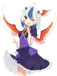 Rule 34 | 1girl, ;d, ahoge, bird wings, black capelet, black skirt, blue hair, capelet, commentary, head wings, highres, horns, looking at viewer, multicolored hair, one eye closed, open mouth, red eyes, red wings, rneko13, simple background, single head wing, skirt, smile, solo, streaked hair, tokiko (touhou), touhou, two-tone hair, white background, white hair, wings