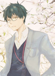 Rule 34 | 1boy, artist request, black hair, breast pocket, cherry blossoms, expressionless, eyebrows hidden by hair, glasses, jacket, looking at viewer, male focus, original, pocket, school uniform, short hair, solo, sweater, yellow eyes