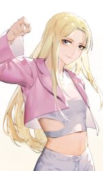 Rule 34 | 1girl, absurdres, akechi (826988799), animification, blonde hair, blue eyes, chinese commentary, clenched hand, clothing cutout, cropped shirt, highres, jacket, k-pop, long hair, looking to the side, mamamoo, midriff, moonbyul (mamamoo), navel, pants, parted bangs, pink jacket, real life, shirt, smile, solo, white pants, white shirt