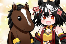 Rule 34 | 1girl, 1other, :d, absurdres, ahoge, animal ears, aramori susumu, bare shoulders, black hair, bob cut, cleavage cutout, clothing cutout, creature and personification, detached sleeves, flower ornament, hair ribbon, highres, horse, horse ears, horse girl, kitasan black (racehorse), kitasan black (umamusume), looking at viewer, multicolored hair, open mouth, orange eyes, real life, red eyes, red ribbon, ribbon, short hair, smile, streaked hair, two-tone hair, umamusume, white hair