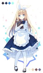 Rule 34 | 1girl, alice (alice in wonderland), alice in wonderland, apron, black footwear, blonde hair, blue dress, blue eyes, blunt bangs, book, bow, bow hairband, center frills, closed mouth, commentary, dress, frilled apron, frilled dress, frills, full body, hair bow, hairband, head tilt, highres, holding, holding book, holding clothes, holding skirt, long hair, long sleeves, looking at viewer, original, pantyhose, petticoat, shoes, sidelocks, skirt, smile, solo, standing, white apron, white bow, white pantyhose, zoirun