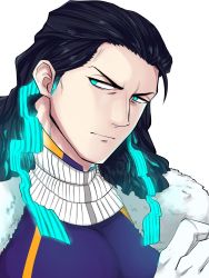 Rule 34 | 1boy, 1hao (@cerbero64), ahoge, bara, black hair, blue eyes, blue hair, commentary request, fate/grand order, fate (series), gloves, gradient hair, highres, jacket, long hair, looking at viewer, male focus, mature male, multicolored hair, muscular, muscular male, nikola tesla (fate), solo