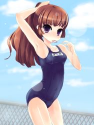 Rule 34 | 1girl, armpits, bad id, bad pixiv id, blue eyes, brown hair, chain-link fence, fence, fujimon izumi, hairdressing, long hair, mouth hold, one-piece swimsuit, original, ponytail, rubber band, school swimsuit, solo, styling hair, swimsuit