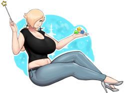 Rule 34 | 1girl, absurdres, belt, blonde hair, blue background, blue eyes, breasts, curvy, denim, earrings, greyimpaction, hair over one eye, high heels, highres, holding, huge breasts, jeans, jewelry, large breasts, lips, luma (mario), mario (series), midriff, nail polish, navel, nintendo, pants, rosalina, shirt, sitting, smile, super mario galaxy, super mario odyssey, t-shirt, thick lips, wand, white background