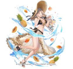 Rule 34 | 1girl, alternate costume, bikini, blonde hair, bow, bracelet, breasts, cleavage, cup, drinking glass, drinking straw, closed eyes, female focus, fire emblem, fire emblem: three houses, fire emblem heroes, food, fruit, hand up, hat, holding, holding spoon, jewelry, kippu, large breasts, legs, long hair, looking to the side, mercedes von martritz, midriff, nail polish, navel, nintendo, official art, open mouth, parfait, peach, petals, pineapple, ponytail, purple nails, sandals, simple background, smile, solo, spoon, straw hat, summer, swimsuit, thighs, toenail polish, toenails, toes, water, white background