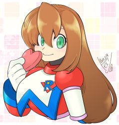Rule 34 | 1girl, android, blush, box, brown hair, capcom, cropped torso, dated, gloves, green eyes, hair between eyes, heart-shaped box, holding, iris (mega man), long hair, mega man (series), mega man x (series), mega man xtreme 2, patterned background, signature, smile, solo, tobitori, upper body, valentine, white gloves