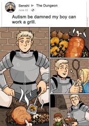 Rule 34 | 1girl, 3boys, :d, ^ ^, ambrosia (dungeon meshi), armor, artist name, belt, blonde hair, boned meat, bowl, boydonegood, brown eyes, brown hair, chilchuck tims, closed eyes, commentary, cooking, dungeon meshi, eating, english commentary, english text, facebook, food, from side, green scarf, grill, grilling, highres, holding, holding bowl, indian style, indoors, laios touden, leather armor, looking at viewer, marcille donato, meat, multiple boys, mushroom, open mouth, photo-referenced, pointy ears, scarf, senshi (dungeon meshi), short hair, sitting, smile, thumbs up, treasure chest, upper body