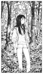 Rule 34 | 12v, 1girl, black hair, forest, greyscale, highres, ink (medium), jacket, long hair, looking up, monochrome, nature, original, solo, traditional media