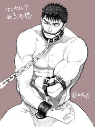 Rule 34 | 1boy, abs, amputee, bara, berserk, black hair, chain, chained, collar, enaki (mtmti), greyscale, guts (berserk), large pectorals, male focus, monochrome, muscular, one eye closed, pectorals, scar, scar on face, scar on nose, short hair, simple background, solo, toned, toned male, topless male, twitter username, upper body