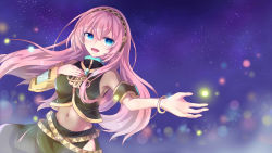 Rule 34 | 1girl, armband, belt, black shirt, black skirt, blue eyes, blurry, bokeh, bracelet, brooch, commentary, depth of field, detached sleeves, gold trim, headphones, highres, jewelry, long hair, long skirt, looking at viewer, megurine luka, mochityoko, navel, night, night sky, open mouth, outstretched arm, pink hair, see-through, shirt, short sleeves, side slit, single detached sleeve, skirt, sky, smile, solo, star (sky), upper body, vocaloid