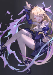 Rule 34 | 1girl, :d, absurdres, black background, blonde hair, commentary request, detached sleeves, eyepatch, fischl (ein immernachtstraum) (genshin impact), fischl (genshin impact), genshin impact, hair over one eye, highres, hua (yijing), knees together feet apart, knees up, long hair, long sleeves, looking at viewer, official alternate costume, open mouth, pantyhose, red eyes, sidelocks, simple background, smile, solo, tiara, white pantyhose