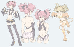 Rule 34 | 10s, 2girls, alternate costume, animal ears, animal hands, ass, bikini, blonde hair, boots, breasts, choker, cleavage, fang, flat chest, from behind, gloves, green eyes, halterneck, high heel boots, high heels, idolmaster, idolmaster cinderella girls, jougasaki mika, jougasaki rika, lion ears, lion tail, looking at viewer, midriff, multiple girls, navel, o-ring, o-ring top, open clothes, open shorts, paw gloves, pink hair, short shorts, shorts, skirt, slingshot swimsuit, small breasts, smile, strapless, striped clothes, striped legwear, striped thighhighs, swimsuit, tail, thighhighs, tomason, tube top, twintails, whip