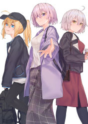 Rule 34 | 3girls, :d, absurdres, ahoge, alternate costume, artoria pendragon (fate), backpack, bag, baseball cap, black hat, black jacket, black skirt, blonde hair, blue eyes, breasts, buttons, casual, closed mouth, coat, cup, disposable cup, dress, fate/grand order, fate (series), feet out of frame, hair between eyes, hair over one eye, hair through headwear, hat, head tilt, highres, holding, holding bag, holding cup, hood, hood down, hooded jacket, jacket, jeanne d&#039;arc (fate), jeanne d&#039;arc alter (avenger) (fate), jeanne d&#039;arc alter (fate), large breasts, leggings, legs apart, light purple hair, long coat, long hair, long skirt, long sleeves, mash kyrielight, medium breasts, multiple girls, open clothes, open coat, open jacket, open mouth, outstretched hand, pantyhose, peaked cap, plaid, plaid skirt, ponytail, purple coat, purple eyes, red dress, ribbed sweater, shirt, short hair, shoulder bag, sidelocks, silver hair, simple background, skirt, sleeves past wrists, smile, standing, standing on one leg, sweater, teeth, upper teeth only, v-shaped eyebrows, white background, white shirt, white sweater, wing collar, yellow eyes, yorubeni
