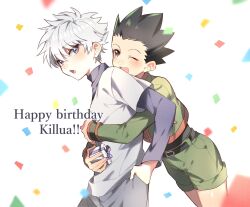 Rule 34 | 2boys, :d, box, child, commentary request, confetti, cowboy shot, english text, gift, gift box, gon freecss, hand in pocket, happy birthday, highres, holding, holding gift, hug, hug from behind, hunter x hunter, killua zoldyck, male focus, multiple boys, one eye closed, open mouth, saba miso, short hair, simple background, smile, spiked hair, white background, white hair
