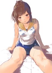 Rule 34 | 1girl, bare shoulders, blue one-piece swimsuit, blush, brown eyes, brown hair, head tilt, highres, i-401 (kancolle), kantai collection, karochii, looking at viewer, one-piece swimsuit, parted lips, ponytail, sailor collar, school swimsuit, school uniform, serafuku, shirt, simple background, sitting, sleeveless, sleeveless shirt, solo, swimsuit, swimsuit under clothes, wet, white background, white shirt, yellow sailor collar