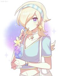 Rule 34 | 1girl, blonde hair, blue eyes, breasts, choker, cleavage, collarbone, cup, drinking glass, drinking straw, drinking straw in mouth, earrings, hair over one eye, highres, holding glass, jewelry, long hair, looking at viewer, mario (series), medium breasts, midriff, navel, nintendo, oxo xwo, rosalina, shirt, solo, star (symbol), star earrings, super mario galaxy, upper body