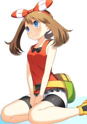 Rule 34 | 1girl, absurdres, bad id, bad pixiv id, bare arms, bike shorts, blue eyes, bow hairband, breasts, brown hair, closed mouth, commentary request, creatures (company), eyelashes, fanny pack, from below, game freak, hairband, highres, light blush, long hair, may (pokemon), nintendo, pokemon, pokemon oras, shirt, shoes, shorts, sitting, sleeveless, sleeveless shirt, smile, solo, white shorts, yuihico