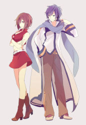 Rule 34 | 1boy, 1girl, akiyoshi (tama-pete), bare legs, belt, blue eyes, blue hair, boots, breasts, brown eyes, brown hair, brown pants, coat, crossed arms, full body, grey background, half-closed eyes, hand in pocket, headset, height difference, kaito (vocaloid), light smile, looking at another, looking back, meiko (vocaloid), nail polish, navel, pants, red nails, red tank top, scarf, short hair, simple background, skirt, standing, tank top, vocaloid