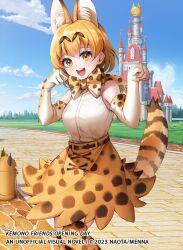 Rule 34 | 1girl, animal ears, belt, blonde hair, bow, bowtie, cat ears, cat girl, cat tail, copyright name, elbow gloves, extra ears, gloves, kemono friends, kemono friends opening day, looking at viewer, menna (0012), second-party source, serval (kemono friends), serval print, shirt, short hair, skirt, sleeveless, sleeveless shirt, solo, tail, thighhighs, yellow eyes