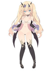 Rule 34 | 1girl, bar censor, black socks, blade (galaxist), blonde hair, blue eyes, blue nails, blush, breasts, censored, copyright request, cross scar, detached sleeves, fingernails, full body, highres, kneehighs, long hair, looking at viewer, low wings, nail polish, navel, nipples, nude, pointy ears, scar, scar on chest, simple background, small breasts, socks, solo, twintails, very long hair, white background, wings
