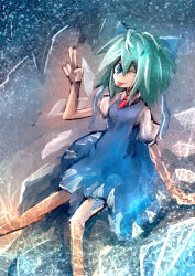 Rule 34 | 1girl, blue bow, blue dress, blue eyes, blue hair, bow, breasts, cirno, closed mouth, collared shirt, commentary request, denpa rasaito, dress, feet out of frame, finger gun, hair between eyes, hair bow, ice, ice wings, long bangs, looking at viewer, medium hair, necktie, one-hour drawing challenge, one eye closed, pinafore dress, puffy short sleeves, puffy sleeves, red necktie, shirt, short sleeves, sitting, sleeveless, sleeveless dress, small breasts, smile, solo, tongue, tongue out, touhou, white shirt, wings