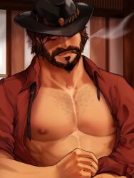Rule 34 | 1boy, absurdres, bara, bare pectorals, beard, black hair, cassidy (overwatch), cigar, cowboy hat, day, facial hair, hat, highres, large pectorals, male focus, muscular, muscular male, navel, nipples, open clothes, open shirt, outdoors, overwatch, overwatch 1, pectorals, red shirt, rjay (rjay owo), shirt, short hair, solo