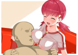 Rule 34 | 1boy, 1girl, bald, breast rest, breasts, closed eyes, clothed female nude male, collarbone, covered erect nipples, creatures (company), faceless, faceless male, game freak, hetero, large breasts, long hair, lying, nintendo, nude, oz ma33, pokemon, pokemon hgss, signature, smile, sweatdrop, twintails, whitney (pokemon)