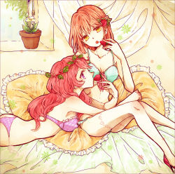 Rule 34 | 10s, 2girls, :o, bed, bra, commentary request, curtains, eating, food, frilled pillow, frills, fruit, green bra, hair ornament, high heels, holly, holly hair ornament, lingerie, long hair, looking at another, lying, multiple girls, nanami haruka, on stomach, ooyagi, panties, pillow, pink bra, pink hair, pink panties, plant, pot, potted plant, purple eyes, red hair, shibuya tomochika, short hair, side-tie panties, sitting, strawberry, thighhighs, underwear, underwear only, uta no prince-sama, window, yellow eyes