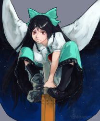 Rule 34 | 1girl, arm cannon, asymmetrical footwear, bare arms, black footwear, black hair, black socks, black wings, bloomers, blouse, bow, cape, closed mouth, collared shirt, envenomist (gengoroumaru), frilled skirt, frills, full body, green bow, green skirt, hair between eyes, hair bow, highres, knees up, leaning forward, long hair, long skirt, looking at viewer, mismatched footwear, one-hour drawing challenge, outstretched arms, parted bangs, puffy short sleeves, puffy sleeves, red eyes, reiuji utsuho, shirt, shoes, short sleeves, single shoe, skirt, socks, solo, spread wings, squatting, starry sky print, third eye, touhou, underwear, uneven footwear, weapon, white bloomers, white cape, white shirt, wings