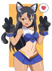 Rule 34 | 1girl, absurdres, abysswatchers, animal ears, bare shoulders, black hair, blue shirt, blue skirt, border, breasts, brown eyes, cat ears, cat tail, cowboy shot, cropped shirt, double v, ear piercing, eyebrows, eyelashes, fake animal ears, fake tail, fang, female focus, gloves, highres, ijiranaide nagatoro-san, long hair, looking afar, miniskirt, nagatoro hayase, navel, official alternate costume, open mouth, paw gloves, piercing, shirt, simple background, skin fang, skirt, sleeveless, sleeveless shirt, small breasts, smile, solo, standing, tail, tan, tanline, tongue, two-tone shirt, v, white border, white shirt, yellow background