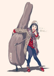 Rule 34 | 1girl, :o, blue pants, blunt bangs, hat, instrument case, jacket, long hair, looking at viewer, original, pants, pink background, plaid, plaid scarf, pomodorosa, red footwear, scarf, solo, standing, sweater, translation request, white hat