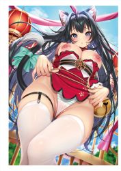 Rule 34 | 1girl, absurdres, animal ear fluff, animal ears, bell, bikini, black hair, blue sky, blush, bow, bowtie, breasts, cameltoe, cat ears, cat tail, cloud, day, fingernails, grey eyes, highleg, highleg panties, highres, japanese clothes, jingle bell, kimono, large breasts, long hair, looking at viewer, masami chie, nipples, original, outdoors, panties, parted lips, shiny clothes, shiny skin, short kimono, simple background, sky, solo, striped bikini, striped clothes, swimsuit, tail, thighhighs, thighs, underwear, white thighhighs