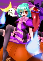 Rule 34 | 1girl, :p, animal ears, black thighhighs, blue eyes, bow, cat tail, crescent moon, fang, geta, ghost, green hair, halloween, heterochromia, moon, nyaw, red eyes, sitting, solo, tail, tatara kogasa, thighhighs, tongue, tongue out, touhou